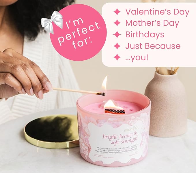 Pink Crystal Candle for Women – 12oz Large Luxury Soy Wax with Crackling Wood Wick, Slow Burn Meditation with Healing Crystals, Birthday or Mother’s Day Gift