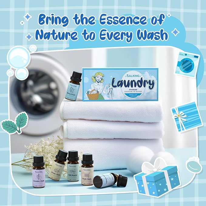 SALKING Laundry Fragrance Oils, Premium Essential Oil for Diffuser, Scented Oil Gift Set for Soap Candle Making - Citrus Clean, Fresh Laundry, Fresh Linen, Lavender Fields, Still Breeze, Minty Fresh