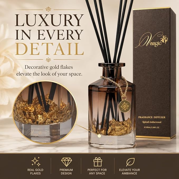 VANGIE Luxury Reed Diffuser for Home | Spiced Amberwood Warm & Woody Scent | Elegant Glass Bottle with Gold Flakes | Long-Lasting, Vegan | Bedroom, Living Room & Office