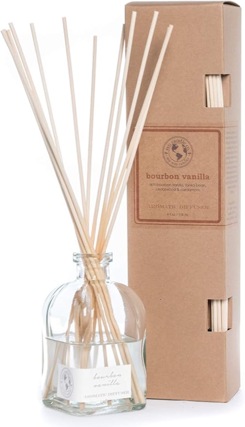 ECO CANDLE CO. Reed Diffuser Set, Bourbon Vanilla, 4 oz. - Scents of Bourbon, Vanilla, Tonka Bean, Cedarwood, & Cardamom - Premium Fragrance & Essential Oils, Clear Glass, 12 Reeds, Recycled Box