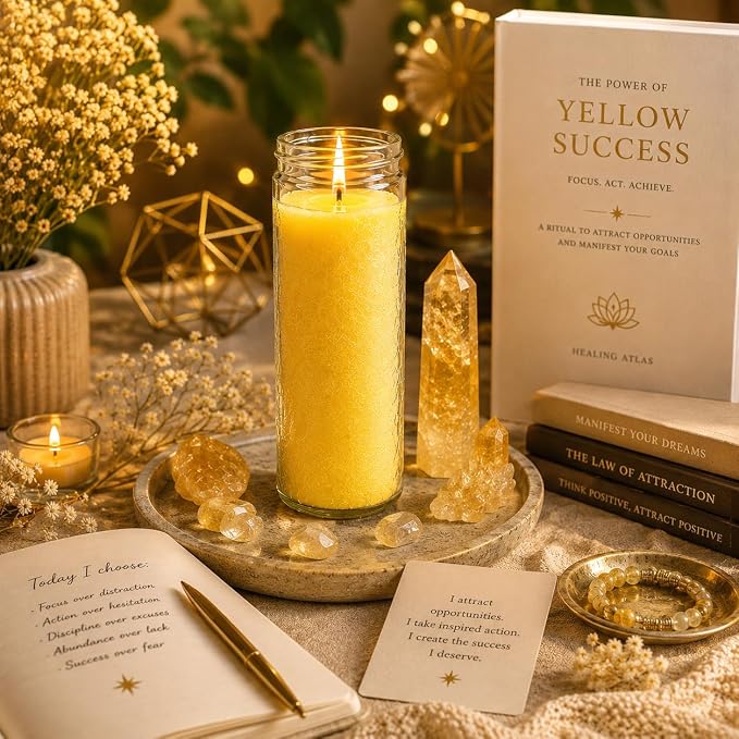 Yellow Success Manifestation Candle Kit – 8" Ritual Prayer Candle with Intention Scrolls, Pencil & QR Guide for Success, Confidence, Motivation & Achievement