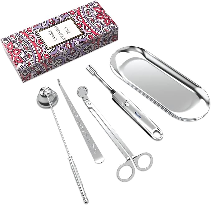 5Pcs Candle Accessory Set with Rechargeable Electric Lighter, Storage Tray, Wick Trimmer, Snuffer, Dipper - Stainless Steel Care Kit with Gift Package for Candle Lovers - Silver