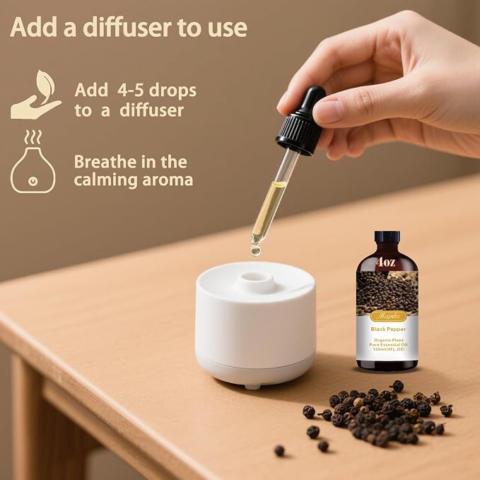 Black Pepper Essential Oil, Black Pepper Oil for Massage, Diffuser, Humidifier, DIY Candle, Soap, Energy, Focus, Gift Ready,Black Pepper Fragrance Oil - MLYNKL Essential Oils (4.33 fl oz / 130ml)
