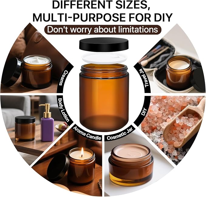 Amber Glass Jar with Lids, 8oz, 4oz, 2oz, and 1oz Glass Jars, Cosmetic Glass Round Jars with Sticker and 4p Spatulas, Reusable Travel Dark Glass Jars fit for Lotion/Creams/Cosmetic/Bulk candle - 4 Pcs