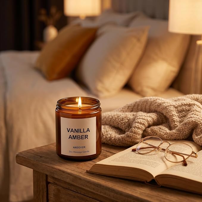 Massage Candle for Relaxation – 7oz Massage Oil Candle with Sweet Almond Oil – (Vanilla Amber)