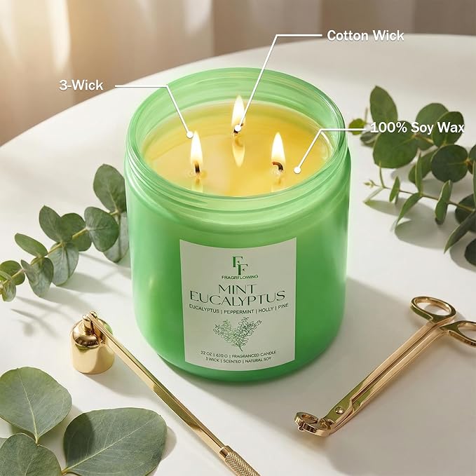 Mint Eucalyptus Large Scented Candle, 3-Wick 22oz Long Lasting Scented Candle, Natural Soy Wax Aromatherapy Candle for Home, Candle Gifts for Women Men