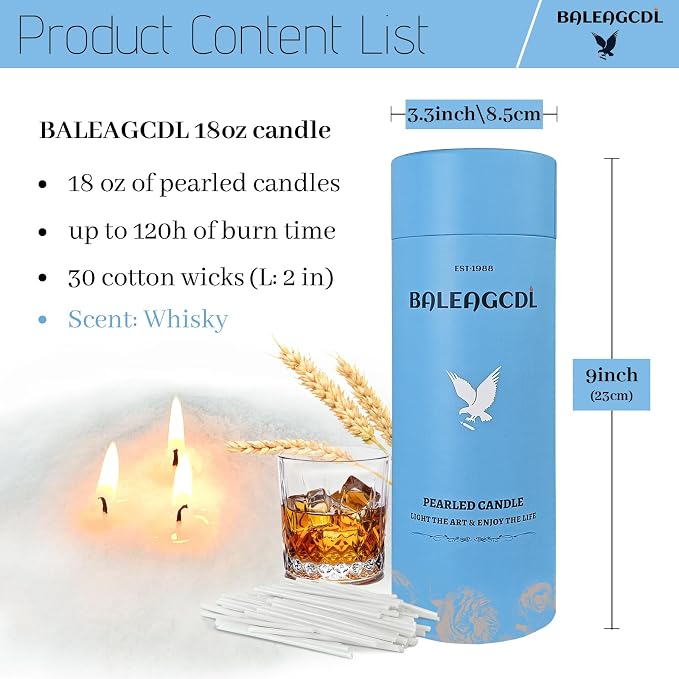 Oak & Amber Pearled Candle 18 Oz with 30 Wicks - Whisky Wine Scented Sand Candles White Refillable Wax Lasts Up to 120 Hours Smooth and Clean Burning for DIY Candle Making