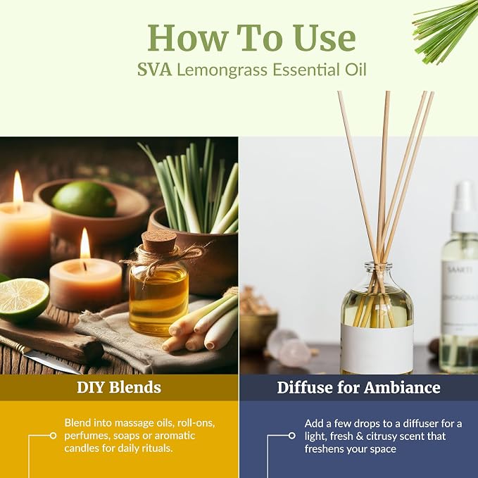 SVA Lemongrass Essential Oil Organic – 16 Fl Oz – 100% Natural Organic Lemongrass Oil for Hair, Face, Skin Care, Diffuser, Aromatherapy, Scalp, Body Massage, Soap and Candle Making