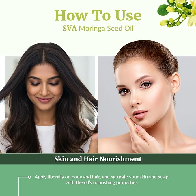 SVA Moringa Seed Oil 4 Fl Oz - for Face, Skin Care, Hair Care, Scalp Massage & Body Massage – Carrier Oil with Dropper