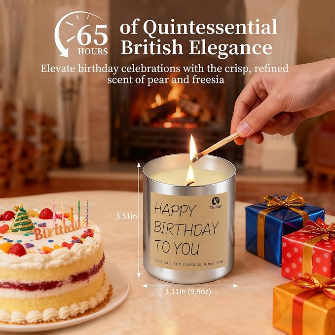 Birthday Candles Gifts for Women Men, Handmade Soy Scented Candle Aromatherapy Happy Birthday Gift for Mom, Dad, Sister, Teacher, Friends, Daughter Son, English Pear Freesia Candle, 9.9oz