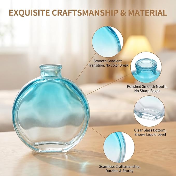 1 Pack 150ml/5oz Flat Round Blue Glass Reed Diffuser Bottles, Refillable Aromatherapy Essential Oil Bottles for Bathroom, Home & Office Decor