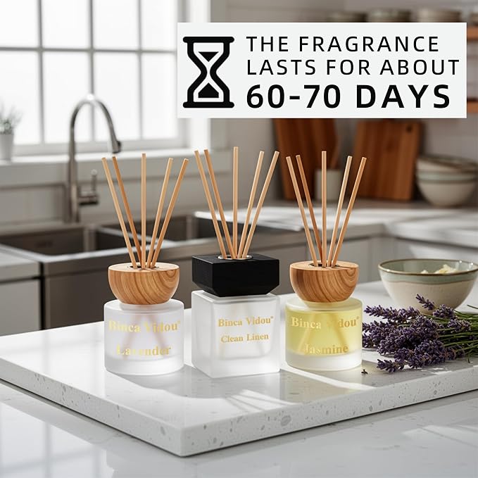 Reed Diffuser Set of 3, Binca Vidou Natural Scent Oil Diffusers with Sticks for Home Office Bathroom Aromatherapy Decor 3.38oz x 3(Lavender, Linen & Jasmine)