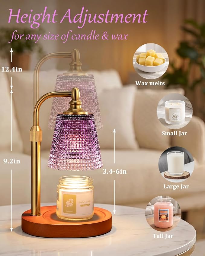 Hong-in Candle Warmer Lamp with Timer Dimmer, Birthday Gifts for Women, House Warming Gifts for New Home, Vintage Room Decor, Adjustable Height Candle Lamp, Wax Warmer for Scented Jar Candles, Purple