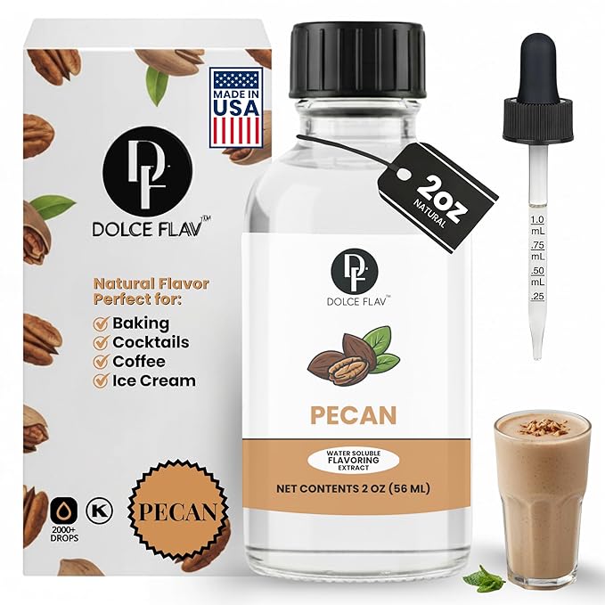 Dolce Flav Natural Pecan Extract – Concentrated Flavoring for Baking, Candy Making & Beverages – Water Soluble Liquid Flavor Drops – Professional Strength Food Grade Flavoring – 2 Fl Oz