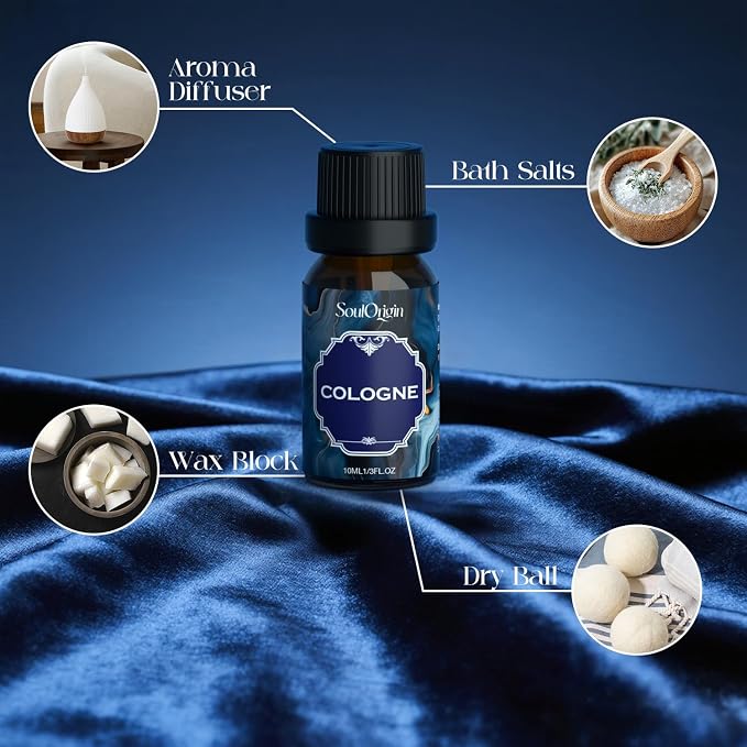 Soulorigin Cologne Fragrance Oils Set, Essential Oil for Diffuser, Men Scent Diffuser Oil, Use for Soap Candle Making, Cologne, Leather&Musk, Revive Blue, Sunlit Wander, Gentleman's Blend, Night Code