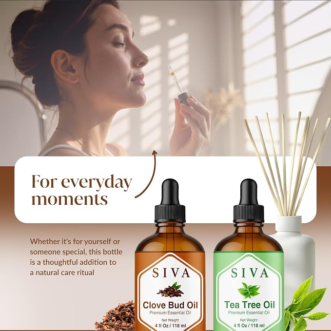 Siva Clove Bud and Tea Tree Essential Oil 4oz Bundle Super Saver Combo – Premium Grade Value Set for Aromatherapy, Skincare and Haircare