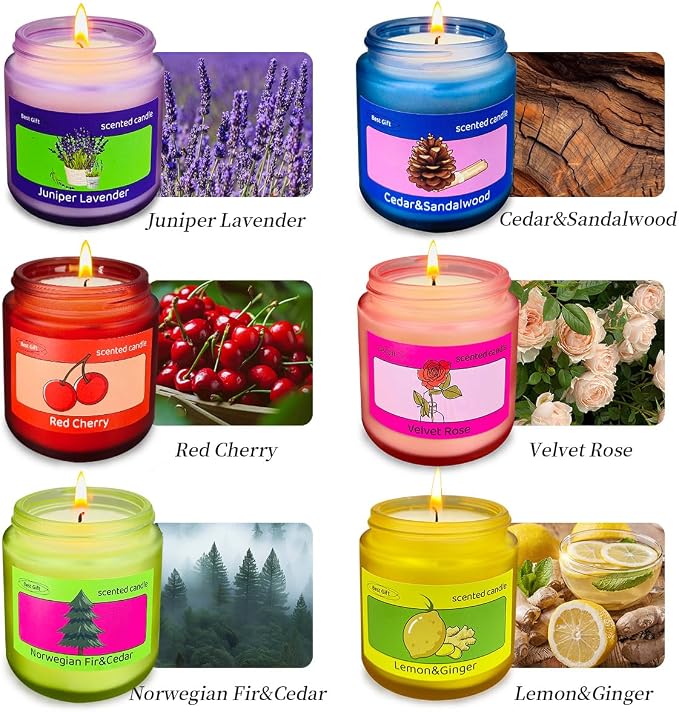 6 Pack Candles for Home Scented, Colored Frosted Jar Aromatherapy Candle Gifts for Women, Natural Soy Wax Candle Set, Scented Candles Set for Birthday Valentine Mother's Christmas Day Present