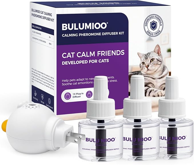 Cat Calming Pheromone Diffuser Kit (90-Day Supply) – 1 Diffuser + 3 x 48ml Refills – Helps Reduce Urine Spraying, Scratching & Fighting – Unscented Stress Relief for Single Room