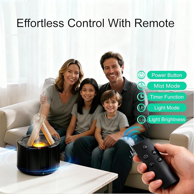 Campfire Flame Diffuser for Essential Oils, 250ml Ultrasonic Cool Mist Aromatherapy Humidifier with Remote Control, 7-Color LED Lights, Timer & Auto-Off for Home, Office & Bedroom (Black)