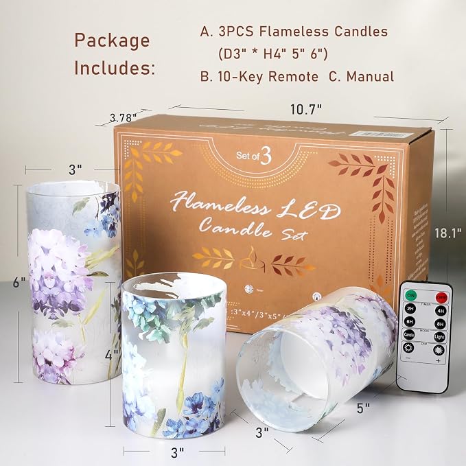 Hydrangea Flameless Candles with Remote Blinks Glass Real Wax LED Candles - Home Party Wedding Romantic Love Theme Summer Holiday Decor - Set of 3