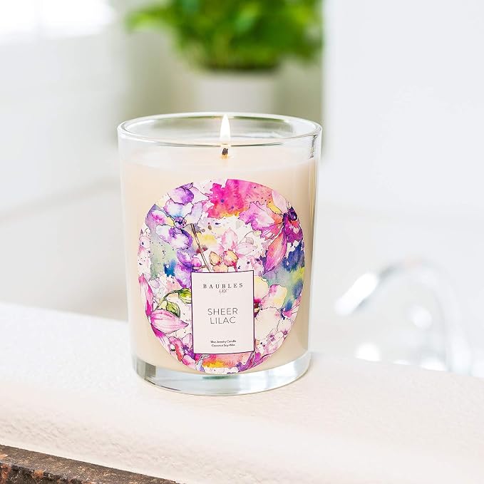 Kate Bissett Baubles Sheer Lilac Scented Premium Candle and Jewelry with Surprise Ring Inside | 18 oz Large Candle | Made in USA | Parrafin Free | Size 05
