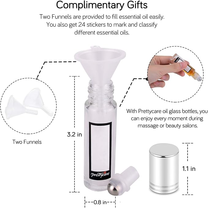 PrettyCare Set of 12, 10 ml Essential Oil Roller Bottles with Stainless Steel Roller Ball - Refillable Leak-proof Empty Thick Clear Glass Roll on Bottles with Silver Metal Caps for Travel, Perfume