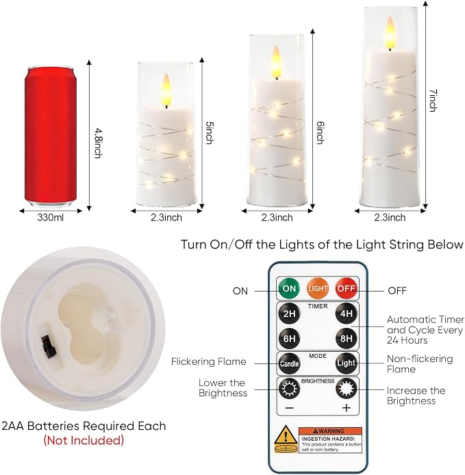 Raycare Flameless Candle with Remote Timer, 3 Flickering Acrylic Battery Operated LED Pillar Candles with Embedded Star String for Home Decor, Christmas, Wedding, Home Table Decor(White)