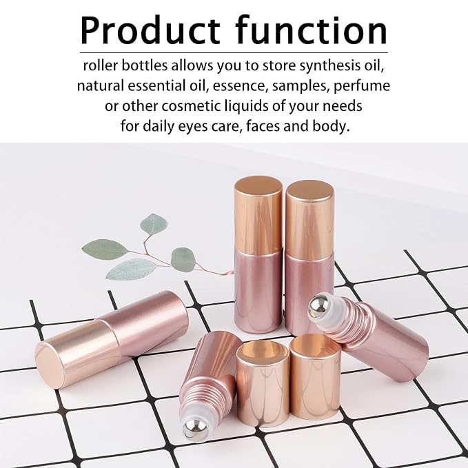 10Pcs 5ml Glass Roller Bottles for Essential Oils, 1/6 oz Refillable Roll on Vials with Funnels, Mini Containers with Stainless Steel Ball for Perfumes Aromatherapy Liquid, Matte Rose Gold