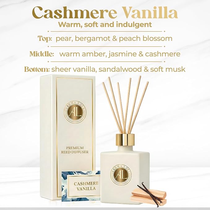 White Reed Diffusers Sticks in Oil Set with Cashmere Vanilla Scent | Long-Lasting Reed Diffusers for Home, Office, Bathroom, & Bedroom Decor Fragrance Diffuser | White Diffuser | (5 oz)