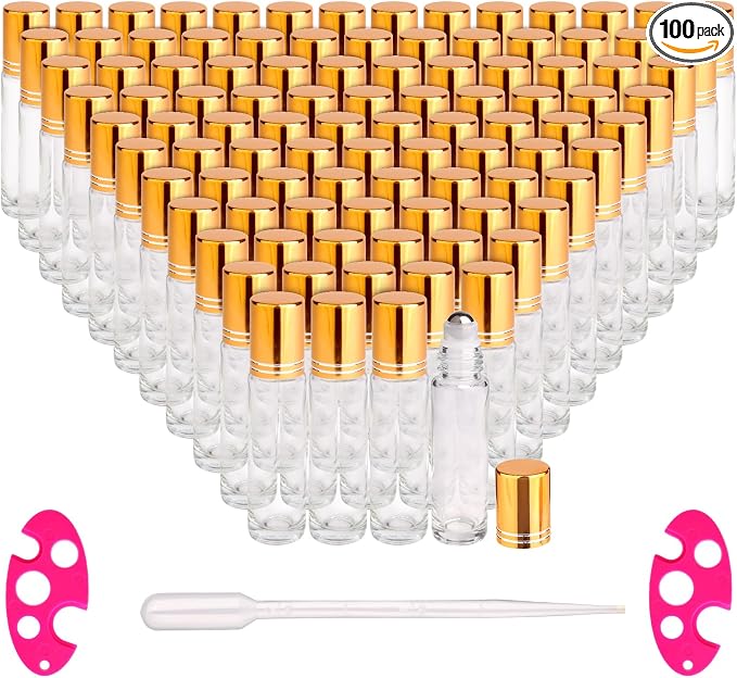 inice 100 Pack,10ml Roller Bottles for Essential Oils Applicator Clear Glass Bottles Stainless Steel Roll On Ball for Daily Care