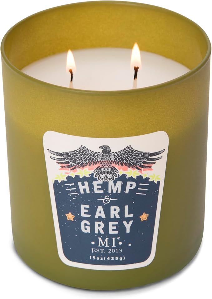 Manly Indulgence Hemp & Earl Grey Scented Candles for Men, 2 Wick, 15 oz Premium Soy Blend Wax, 60H Burn, Candles for Home Scented – Made in The USA