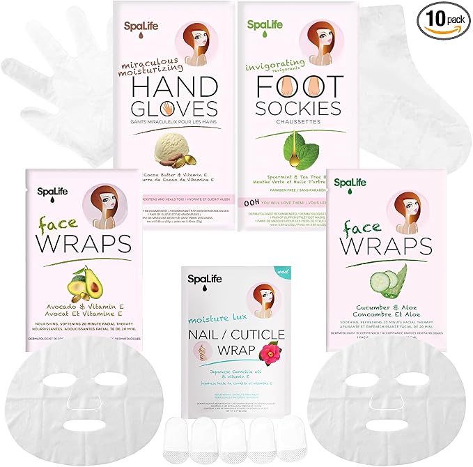 SpaLife 10 Piece Korean Face Mask & Moisturizing Hand Gloves Set | Foot Mask Socks for Dry Cracked Hands & Feet | Korean Skincare Cuticle Repair Mask Women | Self Care Gifts for Women | 10 Pack