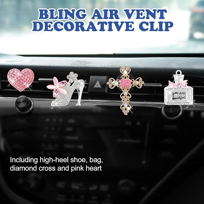 Rislobx 4PCS Bling Air Vent Clips, Crystal Diamond Heart Cross High Heel Shoe Perfume Bottle Diffuser Vent Clip Cute Rhinestone Car Accessories Decoration for Women (Pink)