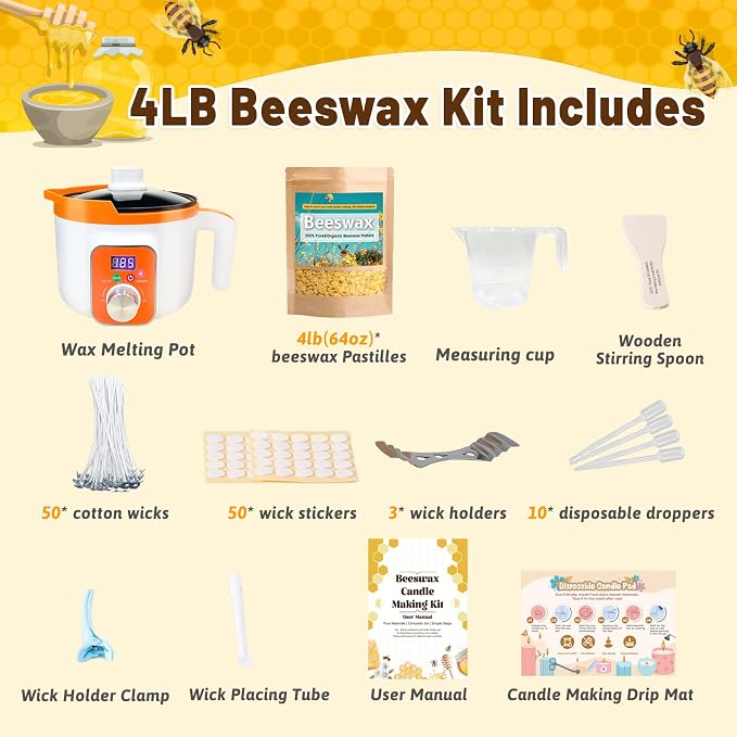 WcoDusak Beeswax Candle Making Supplies, 4LB (64oz) Natural Beeswax for Candle Making with Electric Wax Melter, Bees Wax Pellets for Candle, Lip Balm, Lotion & Soap Making Ideal for Home Craft