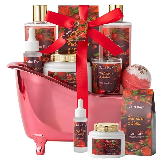 Spa Gift Basket Gifts for Women, spa kit Gifts for Her Mother's Day Bath Spa Gift Set Red Rose & Tulip Spa Basket Kits for Women, Bath & Body Set, Self Care Pamper Kit, Self-care baskets Mother Gift
