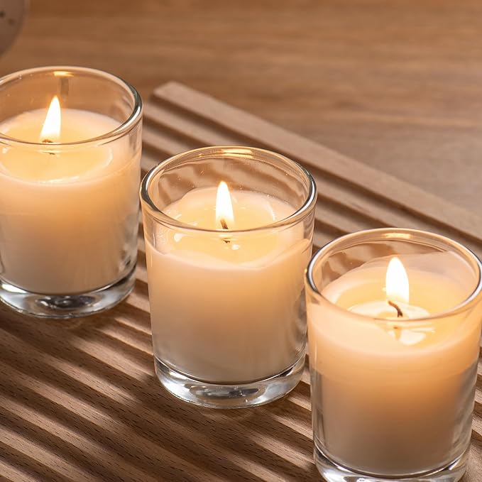 Housecret 48 Pack Warm White Unscented Clear Glass Filled Votive Candles. Hand Poured Wax Candle Ideal Gifts for Aromatherapy Spa Weddings Birthdays Holidays Party