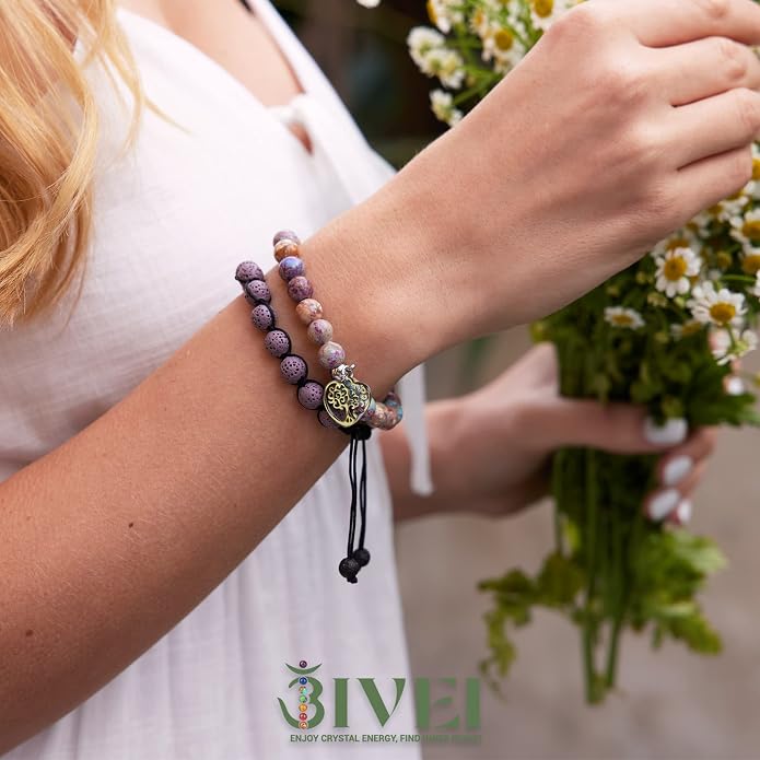 Bivei Life Tree Bracelet - Lava Stone Essential Oil Gemstone Beaded Yoga Meditation Regalite Stone Beach Charm Bracelet Set