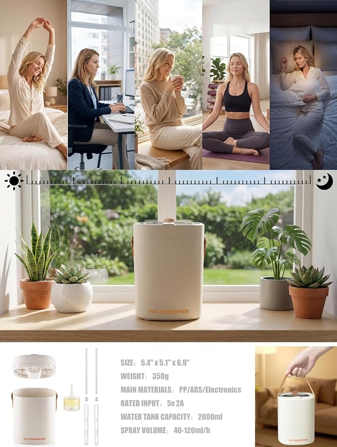 Humidifier, Essential Oil Diffuser, 2L Top Fill Humidifiers for Bedroom, Night Lights, Ultrasonic Cool Mist Humidifier, Auto Shut-Off for Plants Dorm Room Office Home