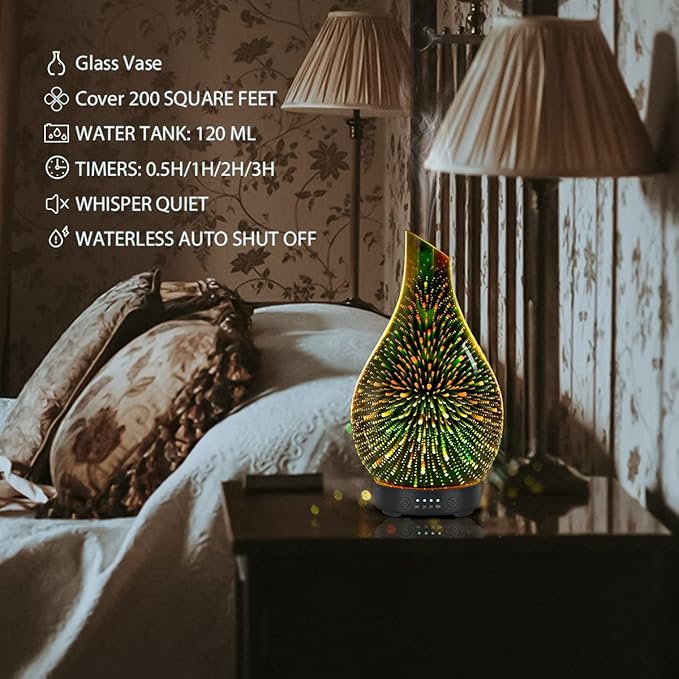 Aromatherapy Essential Oil Diffuser for Home- Art Glass Diffuser for Essential Oils with Waterless Auto Shut-Off 4 Timer 7 Colors LED Night Light for Home Office Decor Gifts for Women