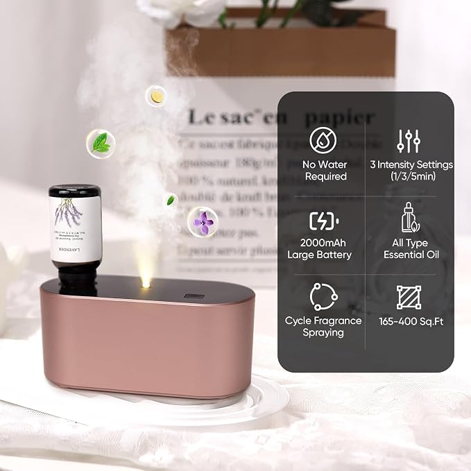 Lecdura Waterless Diffuser for Essential Oil, Battery Operated Scent Air Aromatherapy Diffuser, Mini Aroma Diffusers with 3 Intermittent Mist Modes, Cycle Start for Home Office Bedroom - Rose Gold
