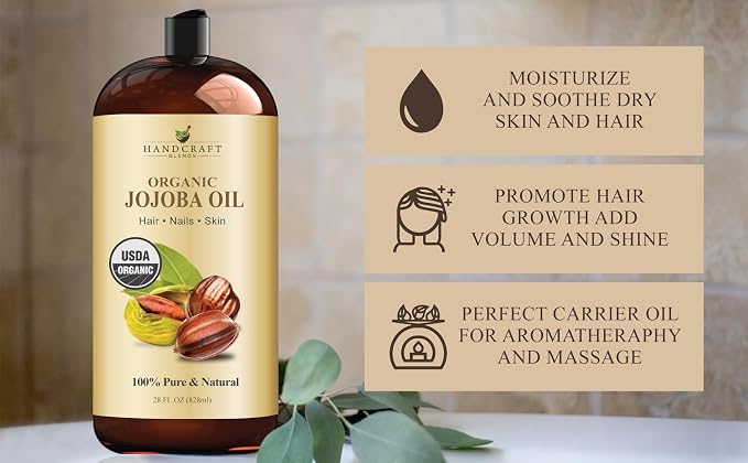 Handcraft Blends USDA Organic Jojoba Oil | Cold-Pressed | 28 Fl Oz | 100% Pure & Natural | for Hair, Skin & Face | Premium Grade Carrier Oil | for Massage & Aromatherapy | Hexane-Free