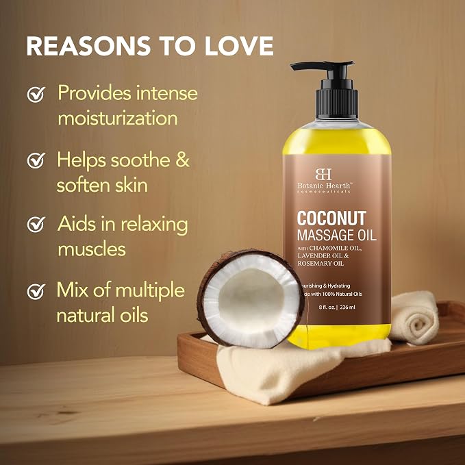 Botanic Hearth Coconut Massage Oil 8 Fl oz | Refreshing, Relaxing Massage Oils for Muscle Relaxing & Joint Comfort | Made with Natural Oils | for All Skin Types, for Men & Women