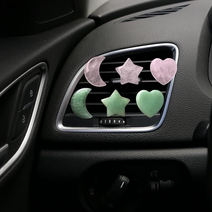 Set of 3 Crystal Stone Car Air Vent Clips, Moon Star Heart Quartz Charm Car Air Freshener Clip, Air Conditioning Outlet Clip, Cute Car Interior Decoration Accessories for Men Women (Green, Unscented)