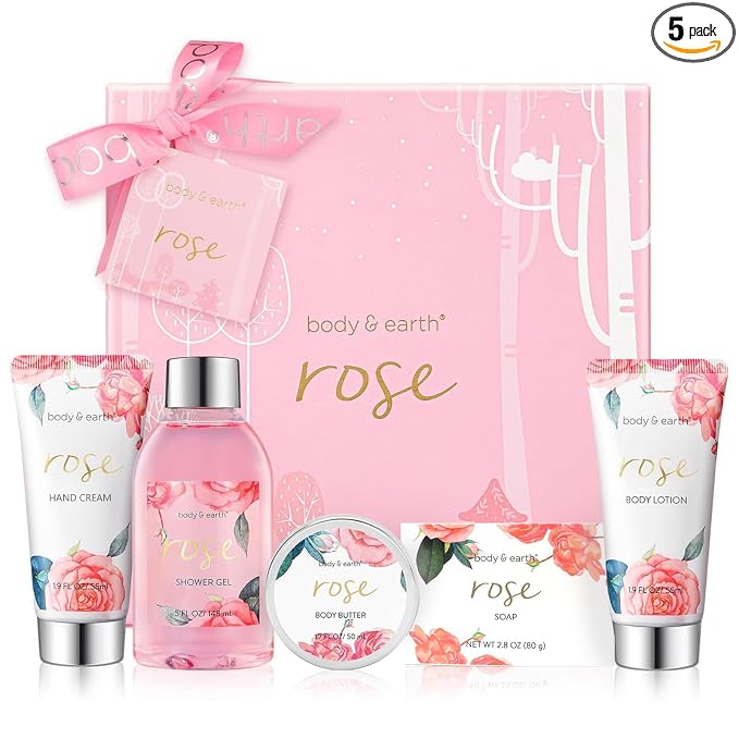 Bath and Body Gift Set for Women, Body & Earth 5 Pcs Rose Spa Gifts for Women, Self Care Kit, Lotion Set for Her, Birthday, Mothers Day Presents for Mom, Wife, girlfriend