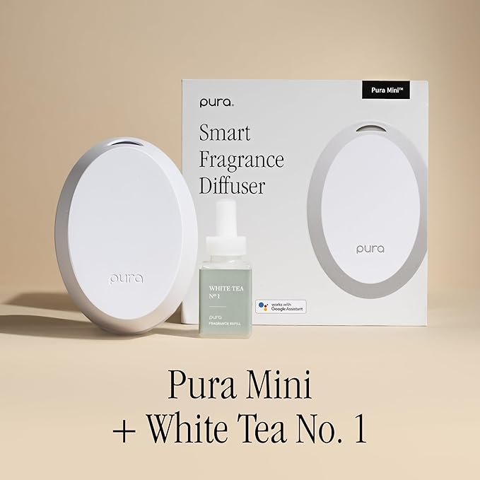Pura Home Mini Fragrance Diffuser for Small Spaces Adjustable Smart Home Device with LED Light & Automatic Vial Detection - Includes 1 Scent Refill - White Tea no.1