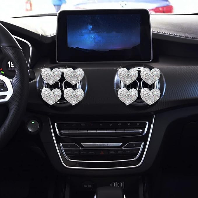 8 Pcs Bling Heart Air Vent Clips, Crystal Car Fresheners, Diffuser With Rhinestone Decoration, Cute Interior Accessories for Women Girls (Silver)