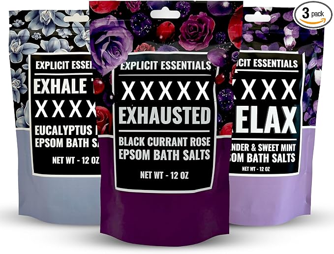 Explicit Essentials Bath Salts Gift Set | 3 Relaxing Epsom Salt Bath Soaks | Aromatherapy Epsom Salt Variety Pack for Stress Relief, Muscle Recovery & Self-Care Gifts