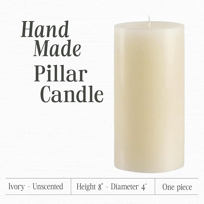 Mister Candle Non Scented Luxury 4 x 8 Pillar Candle, Hand Poured Ivory Unscented Candle for Home Decor, Premium Wax, Smokeless & Dripless, 160 Hour Burn Time