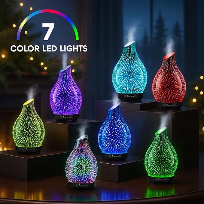 Essential Oil Diffuser & Essential Oils Set, Glass Aromatherapy Diffuser with 7 LED Colors, 6 Oils Gift Pack (Clean Home, Peppermint, Blossom Soapy, Soft Powder, Fresh Cotton, Fresh Linen)