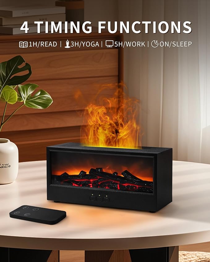Essential Oil Diffuser, 7-Color Fireplace Flame Aromatherapy Humidifier, 150ml Ultrasonic Humidifier with Remote Control, Timer & Auto-Off, Gift for Bedroom Home Office and Yoga